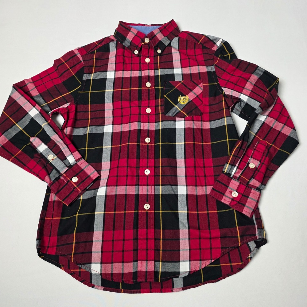 Chaps Button Down Shirt Boys M 10-12 Red Black Plaid Long Sleeve Easy Care Logo